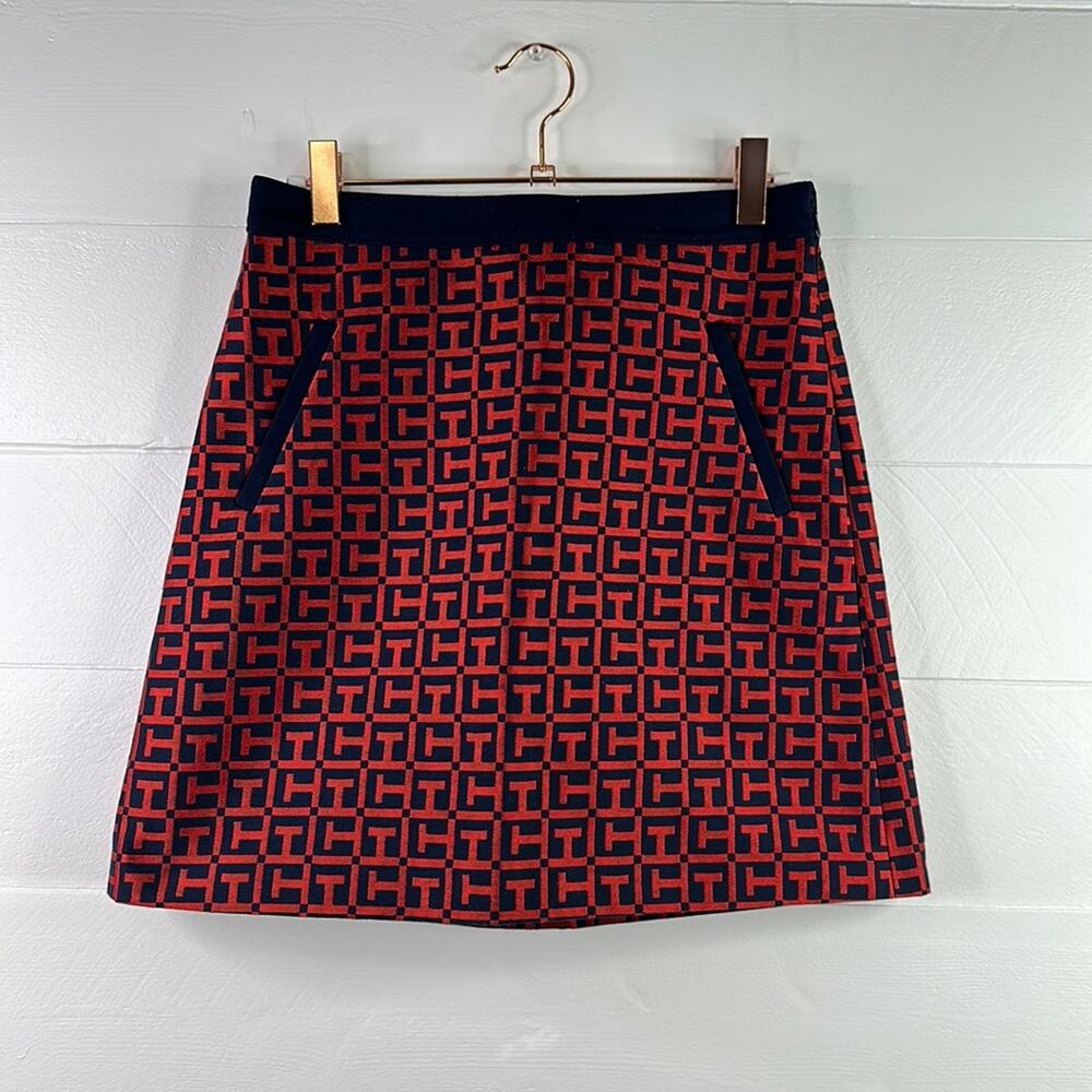 TOMMY HILFIGER Blue Red A Line Mini Skirt Abstract Logo Design Size‎ Small